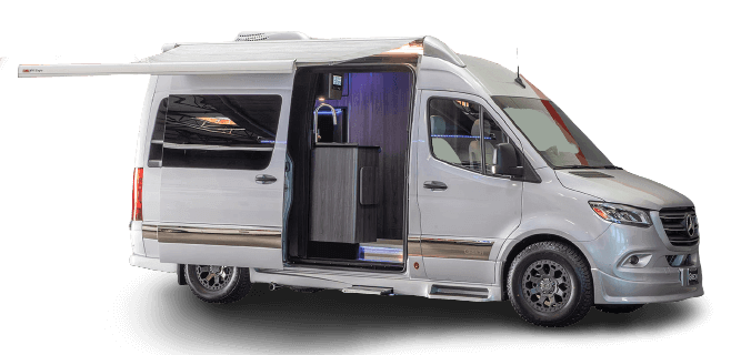 Exterior view of the Grech RV Turismo 4x4 camper van with the side door open.