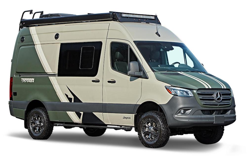 Exterior view of the Jayco Terrain campervan painted in green and beige.