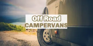 Close up shot of the front tire of a van on a dirt road, with text overlay that reads: Offroad campervans.