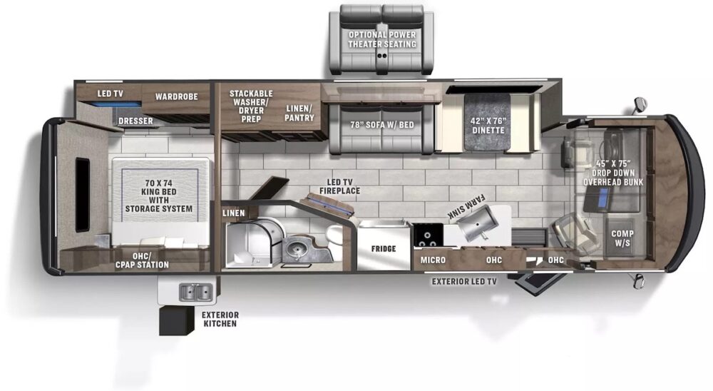 Floor plan of a Coachmen Encore 325SS Class A RV.
