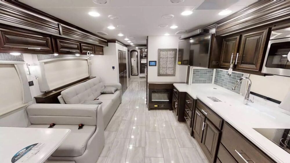 Interior of the Forest River Berkshire 40F Class A RV showing the spacious living area.