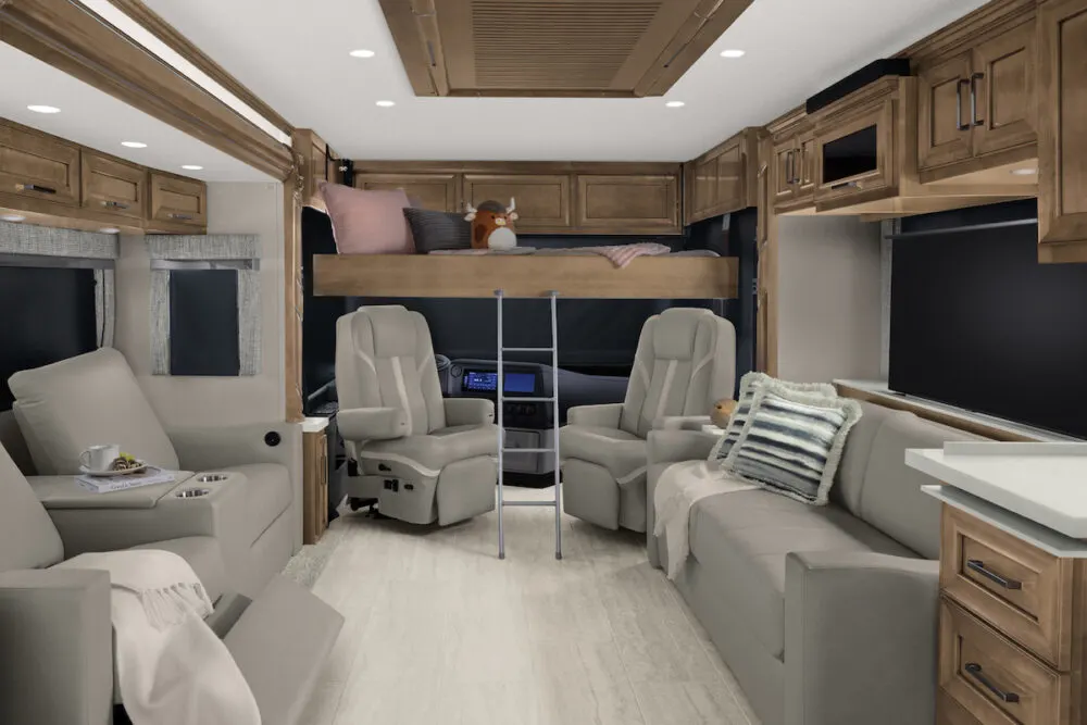 Interior of a Newmar Ventana 4310 Class A motorhome looking towards the front of the RV.